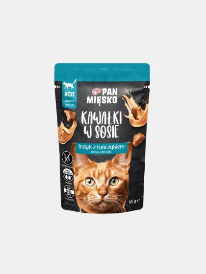 Karma mokra dla kota Pan Mięsko kawałki w sosie indyk z tuńczykiem 85g