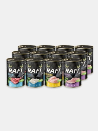 Karma mokra dla kota Rafi Mix smaków 12x400g - Jagnięcina, dorsz, kurczak, królik