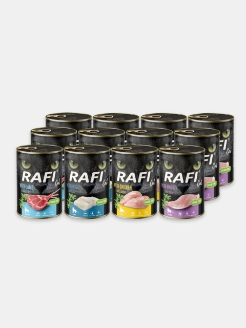 Karma mokra dla kota Rafi Mix smaków 12x400g - Jagnięcina, dorsz, kurczak, królik